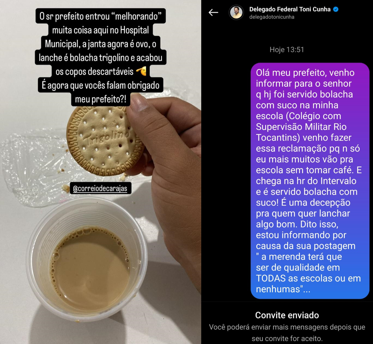 Usuários usam redes sociais denunciar comida servida no HMM e na merenda escolar